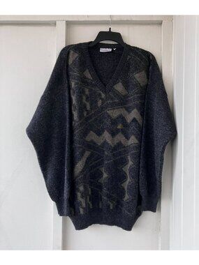 Gianni M Mens Vintage 90s Grandpa Geometric Zig Zag Sweater Size XXL Gray FA EXC